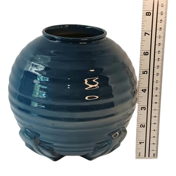 1930s Deep Blue Style Ribbed Geometric Design Art Deco Vase - Picture 12 of 14